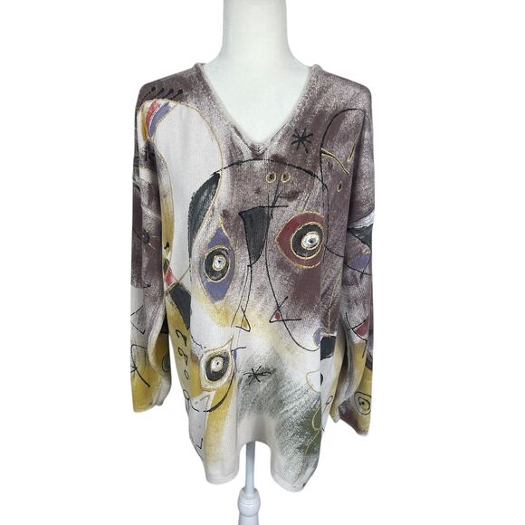 Vintage Kolorway Cotton Hand Painted Sweater Neutral Women's Size 2 Art To Wear - Picture 1 of 13